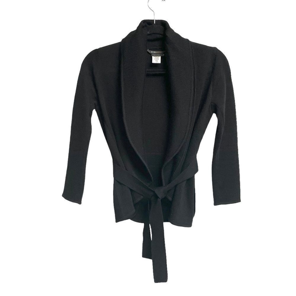 BCBGMAXAZRIA Merino Wool Knit Cardigan Blazer Jacket Tie Waist Black XS